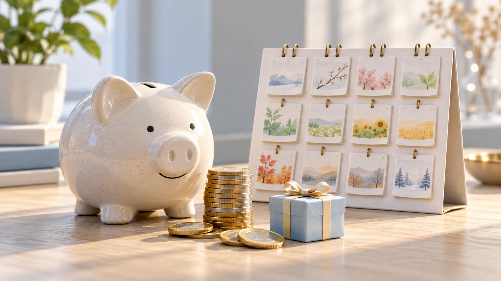 Bank of Scotland Tagesgeld: Sparschwein mit Münzstapel, Kalender mit zwölf Monaten und kleinem Geschenk als Symbol für 3 % Zinsen und 20 € Prämie