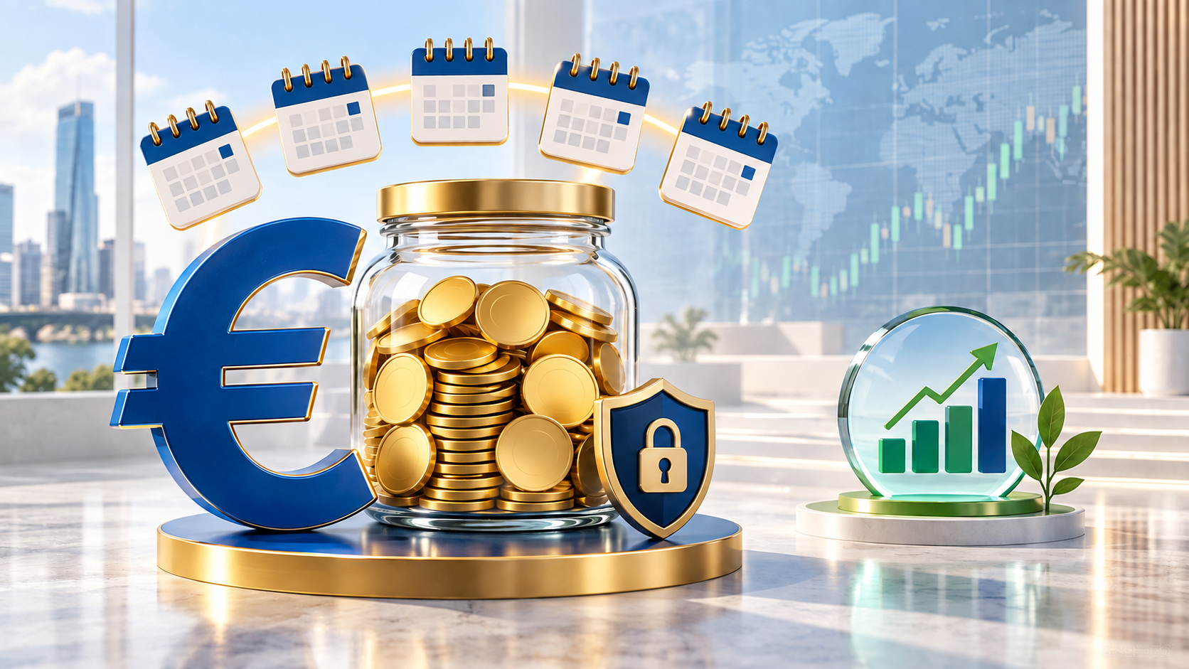 Consorsbank Tagesgeld als Illustration mit Eurozeichen, fünf Kalendern, Sparglas und ETF-Symbol
