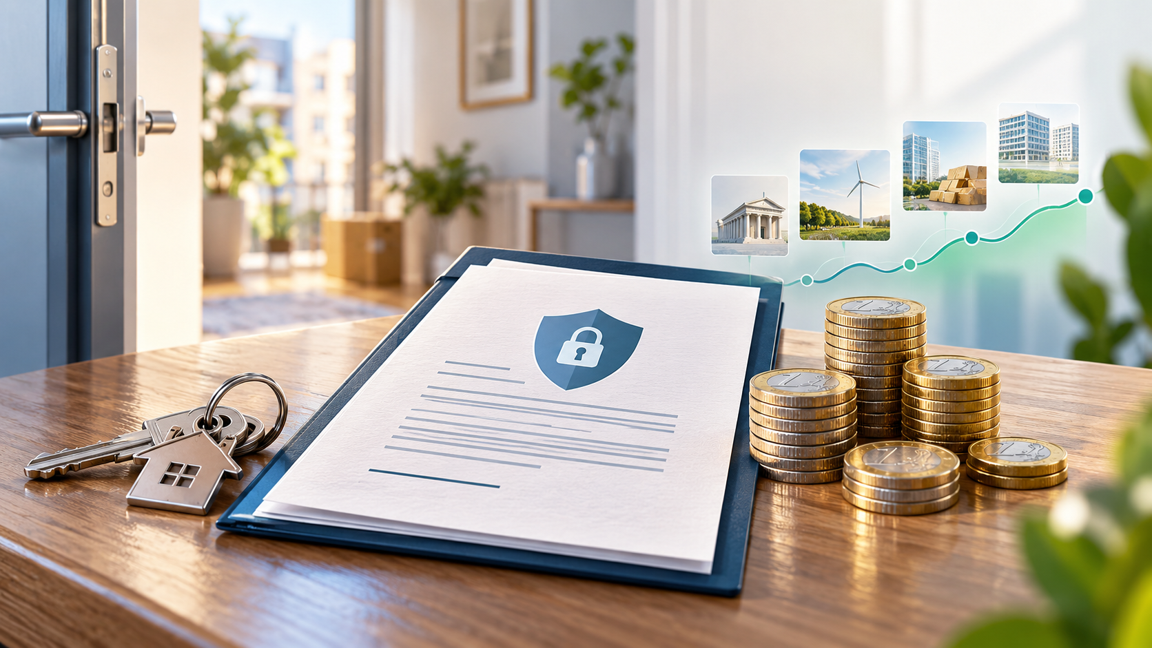 Deutsche Mietkaution: Wohnungsschlüssel, Kautionsunterlagen und Münzen als Illustration des verzinsten Kontos mit geplanter ETF-Option.