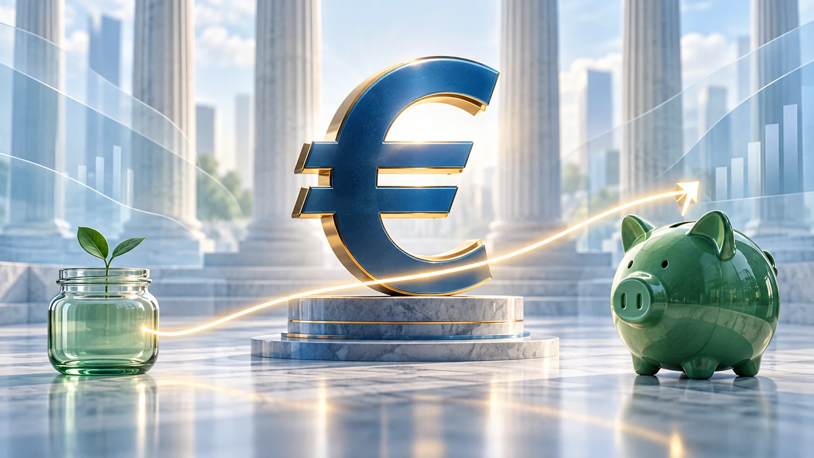 Illustration zur EZB-Zinserhöhung mit Euro-Symbol, steigender Zinslinie und Spargefäßen.