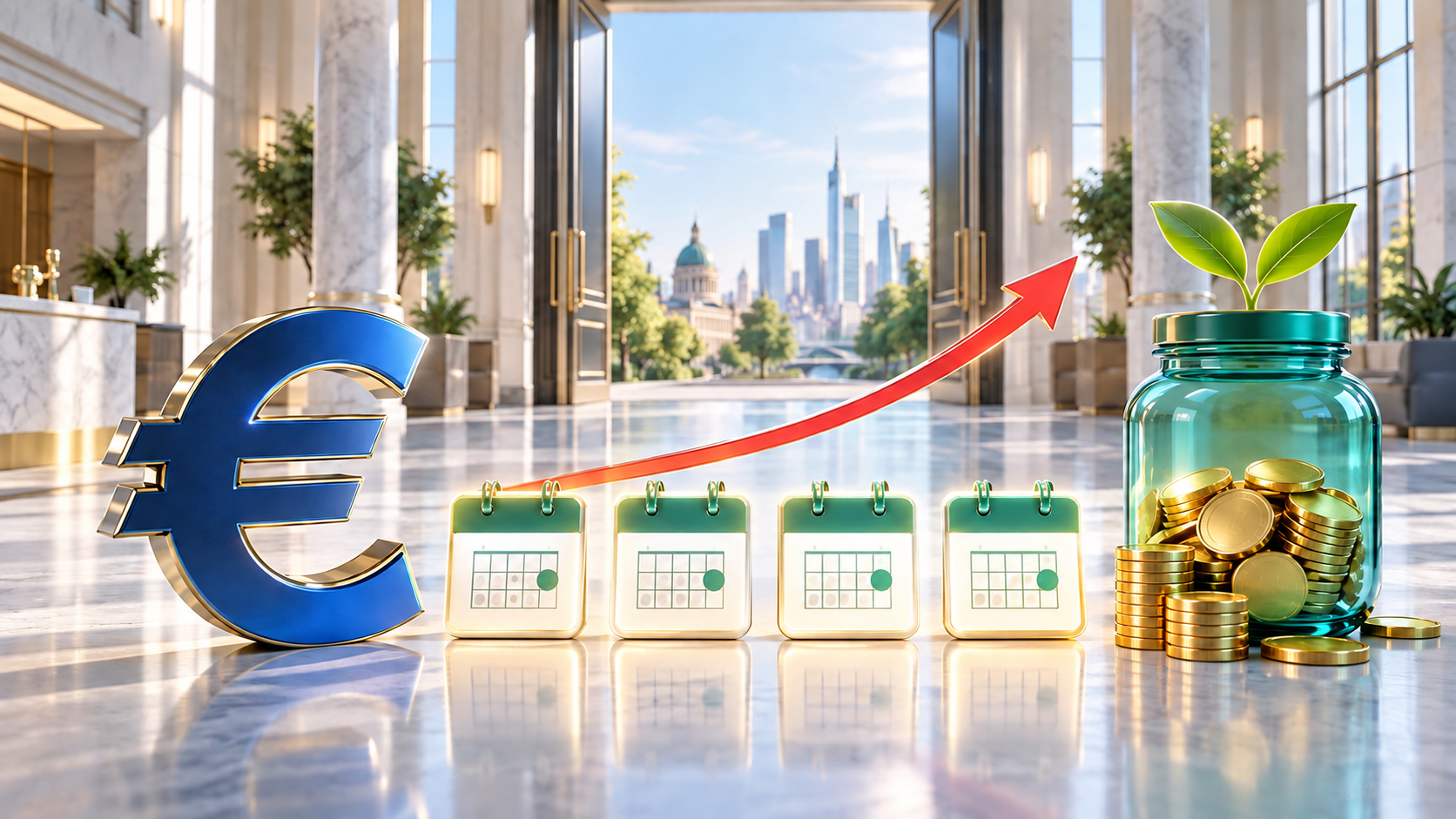 Openbank Tagesgeld als Illustration mit Eurozeichen, vier Kalendern und Sparglas