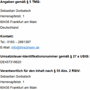 Impressum-Grafik mit Name, Anschrift, Telefonnummer und Verantwortlichkeit