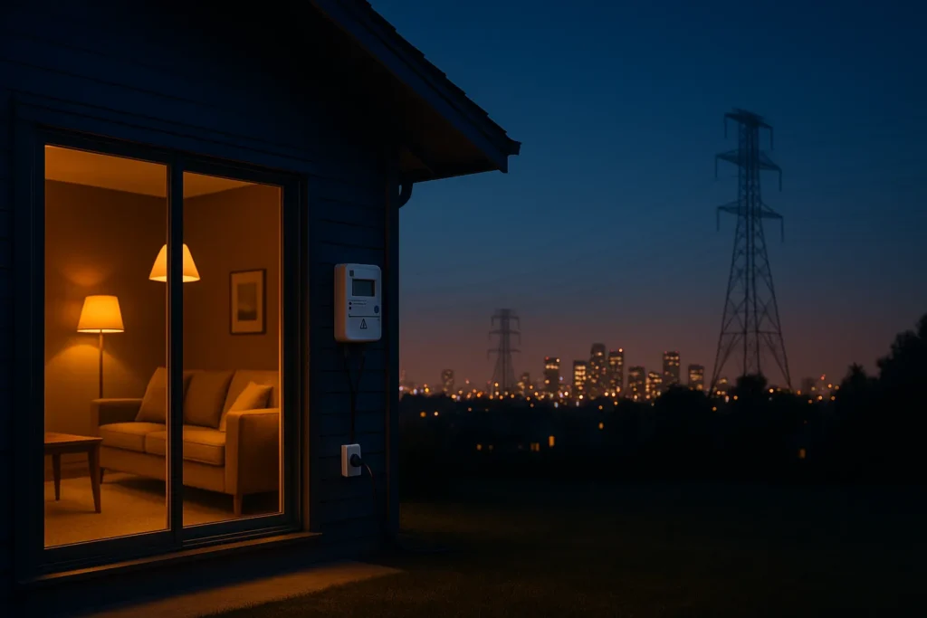 Mood Image Stromvergleichsrechner Abendstimmung: warm beleuchtetes Wohnzimmer, Blick auf Stadtlichter und Strommasten.